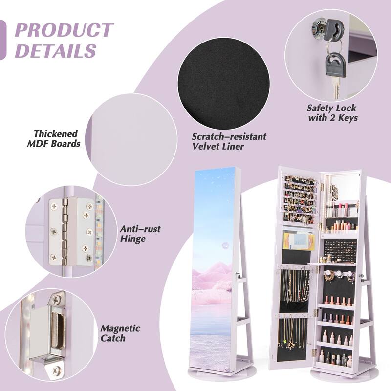Gymax 360° Rotating Mirrored Jewelry Cabinet Armoire 3 Color LED Modes