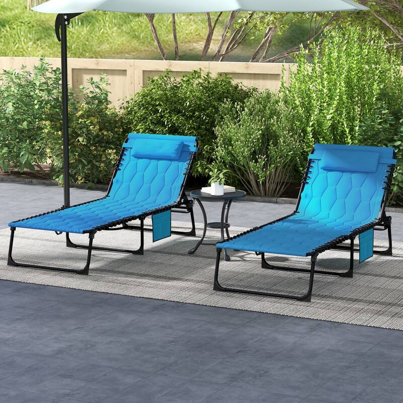 Folding Tanning Chair Set of 2, Outdoor Recliner Lounge Chairs with Pillow, Storage Pocket & Adjustable Backrest - Blue