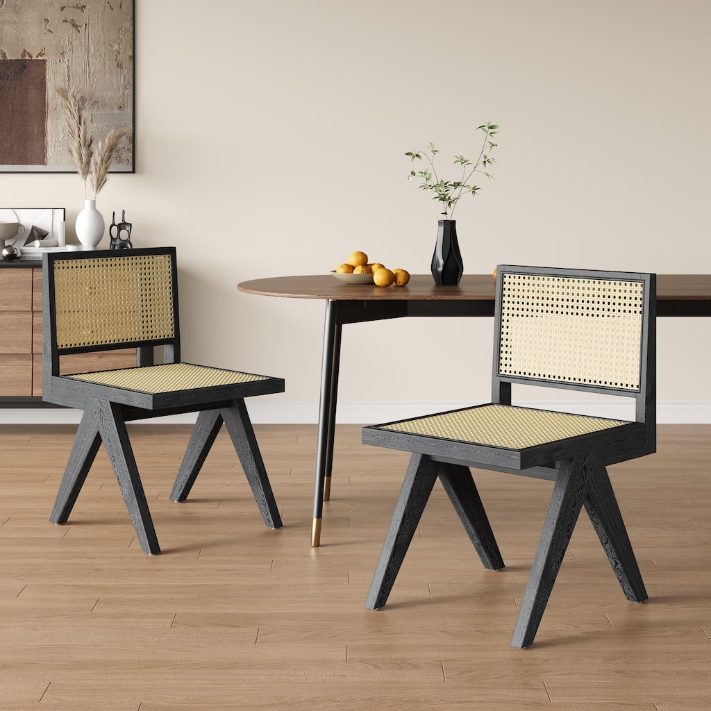 Rattan Dining Chair Set of 2, Armless Side Chairs with Wood Legs