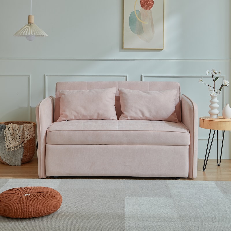 Chenille fabric pull-out sofa bed with adjustable armrests