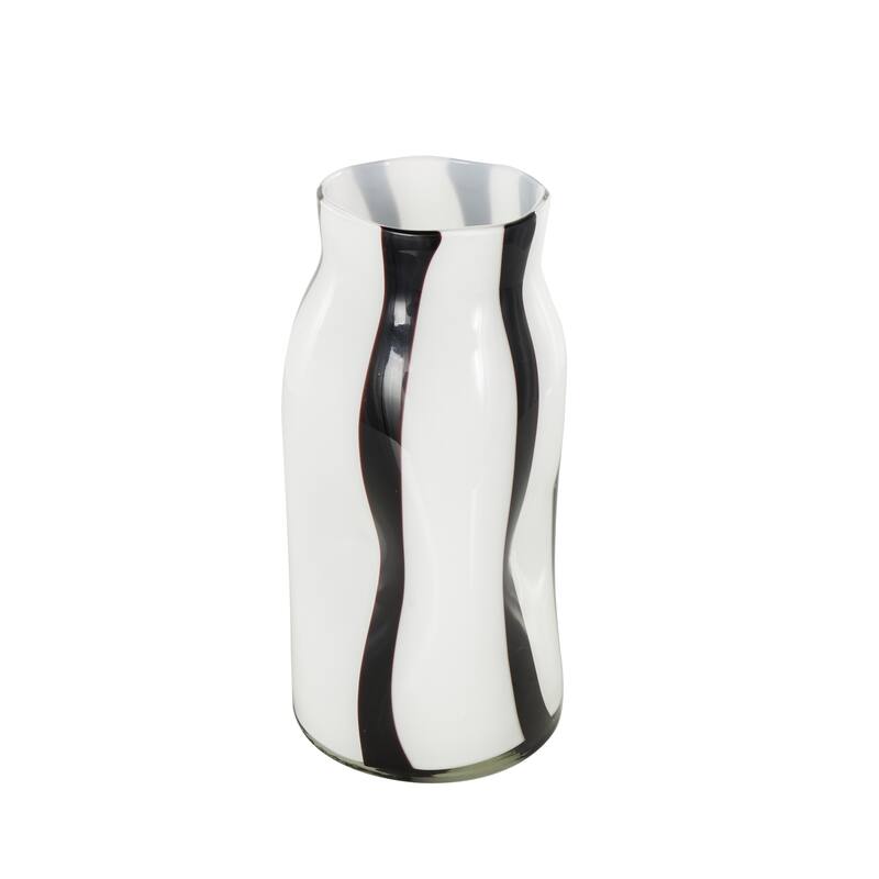 Glass Concaved Round Vase with Black Stripes - White - Roche River Decor