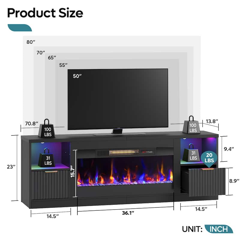 Bestier 71 in. Fluted Glossy White TV Stand with Electric Fireplace Fits TV Up to 80 in. Entertainment Center with Cabinet