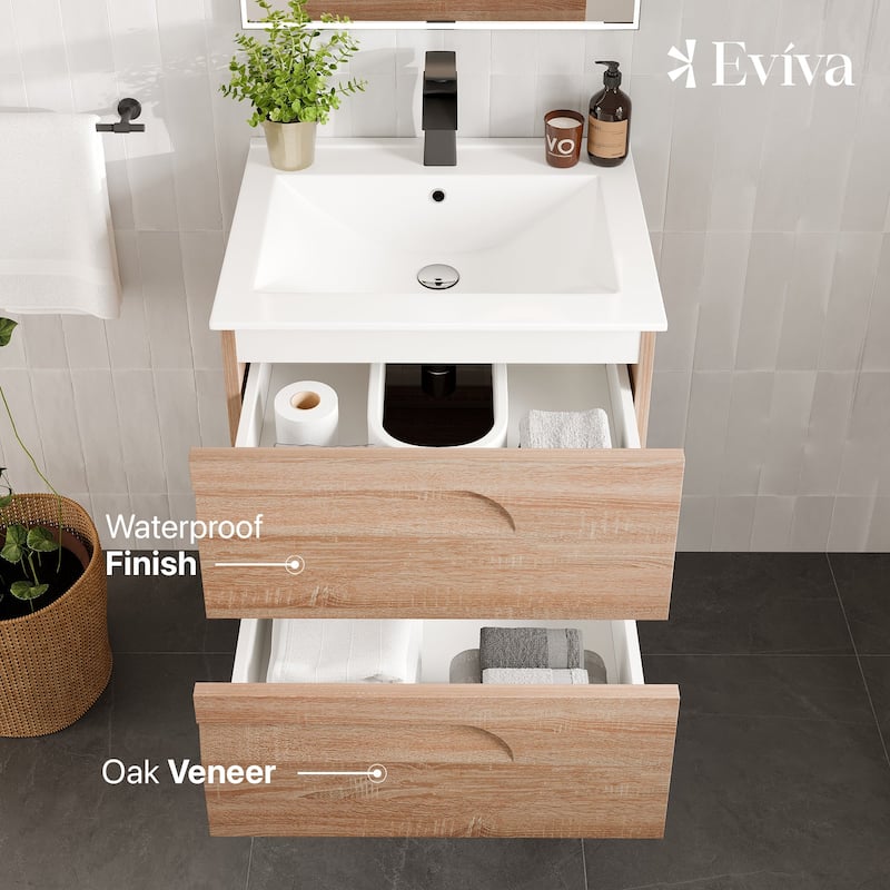 Eviva Joy 24"W Maple Wall Mount Bath Vanity with Porcelain Top