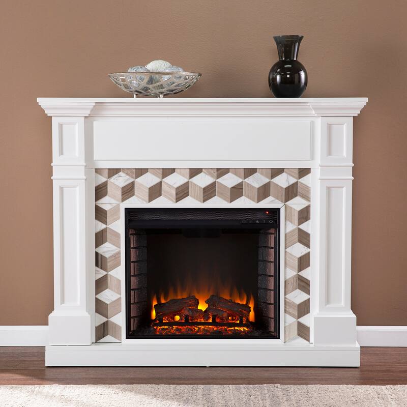 SEI Furniture Dardon Electric Fireplace with Marble Surround - Brick Accent Firebox