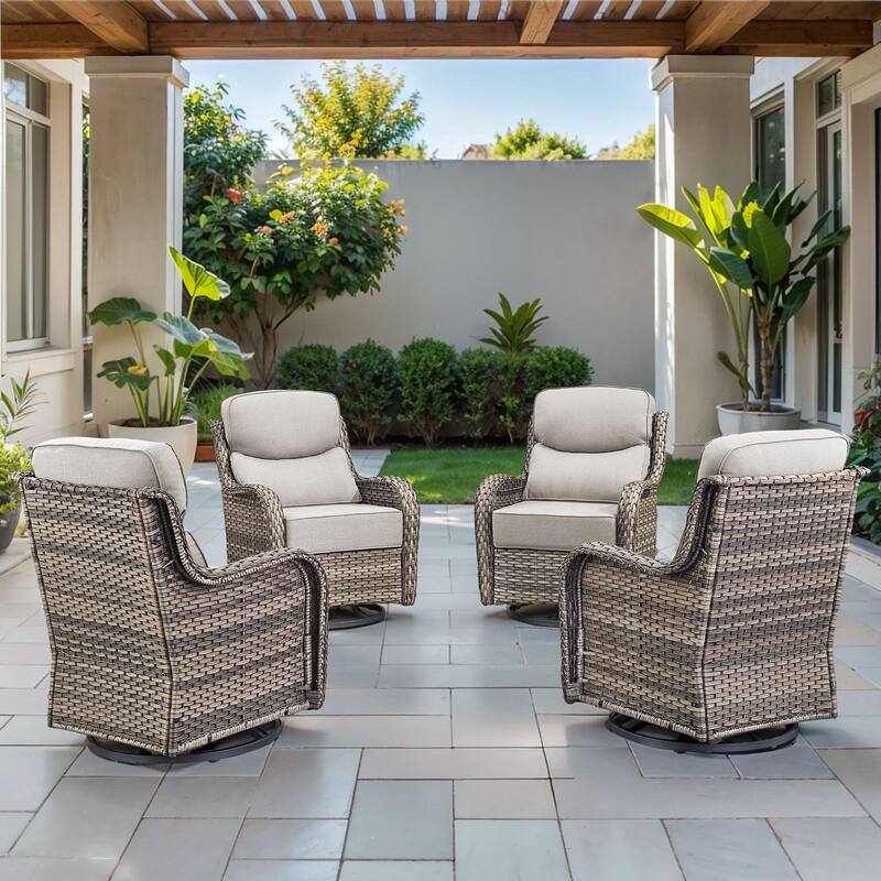 Arcadia Wicker Patio Swivel Glider Chairs with 6-Inch Cushions (4-Pack) - Beige Cushions - Gray Wicker