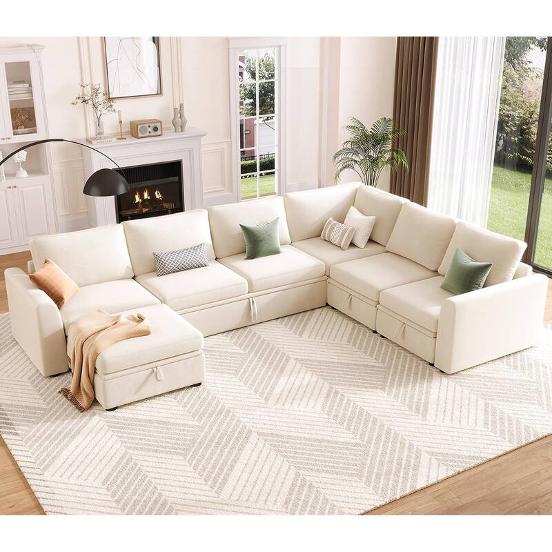 U Shaped Sectional Sleeper Sofa with Pull Out Bed, Chenille Modular Sectional Sofa