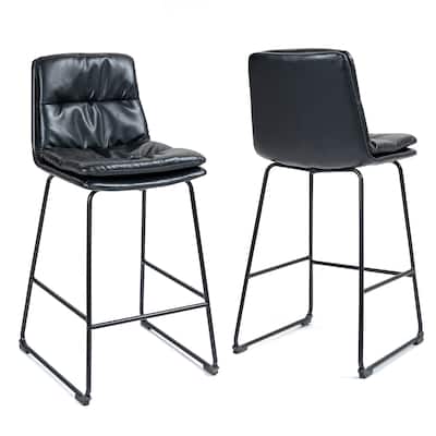 Set of 2 Bauer Black Faux Leather Bar Stool with Black Iron Legs