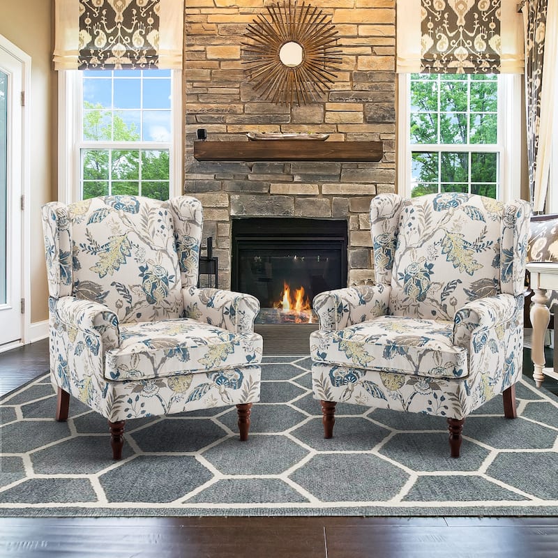 Erommy Modern Accent Chair, High Back Armchair, Upholstered Fabric Button Single Sofa with Wooden Legs for Living Room - Blue - Flower