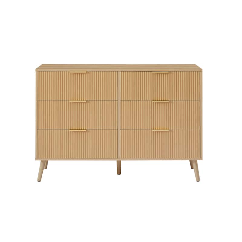 Anmytek Natural Wooden 6-Drawer Double Dresser with Wavy Drawers