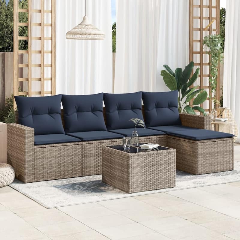 vidaXL Patio Sofa Set with Cushions Outdoor Conversation Furniture Poly Rattan - 25.8" x 24.4" x 27.2" - Beige and gray with table