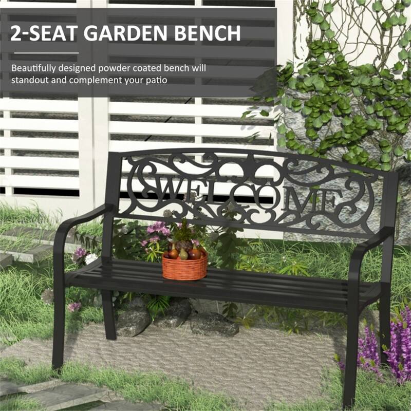 Outdoor Garden Bench with Welcome Design Heavy Duty Tubular Steel Patio Seat for Yard Porch and Park