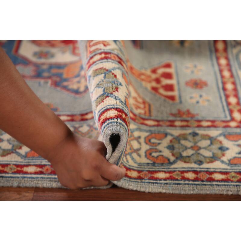 Geometric Kazak Oriental Accent Rug Hand-Knotted Blue Wool Carpet - 3'5"x 4'10"