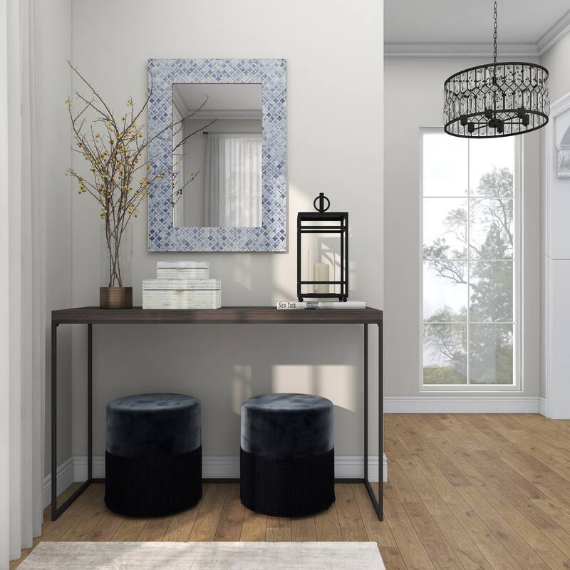 Blue Wood Quatrefoil Room Wall Mirror with Bone Inlay