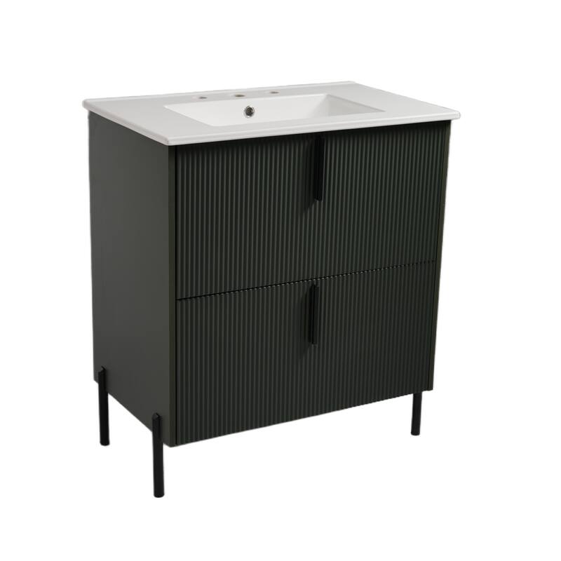 Fluted Bathroom Vanity with Ceramic Sink, Freestanding Bathroom Storage Cabinet, Bathroom Vanities with Full-Extension Drawers
