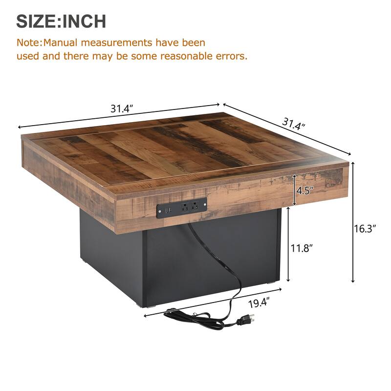 Farmhouse Coffee Table with 2 USB Ports and Outlets, Brown Spliced Wood Grain Center Table with LED Light