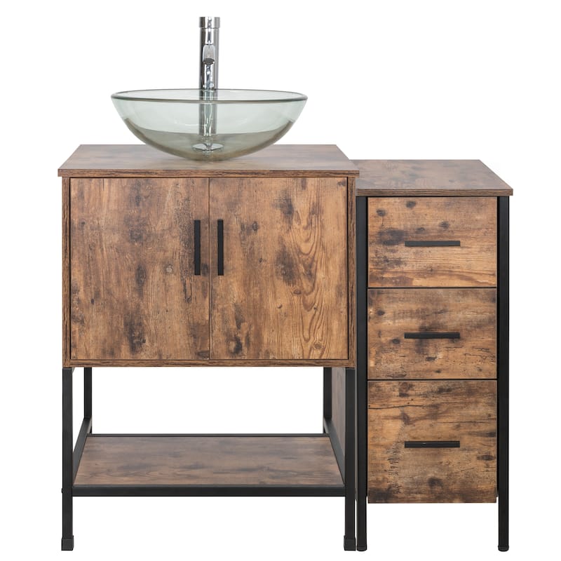 36" Bathroom Vanity Set Organizer Top Vessel Sink W/ Faucet Drain Cabinet Combo