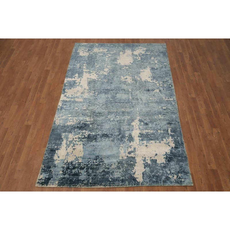 Hand Knotted Oriental Viscose Silk Carpet Modern All-Over Navy Blue & Blues Abstract Area Rug - 7' 11'' X 4' 11''