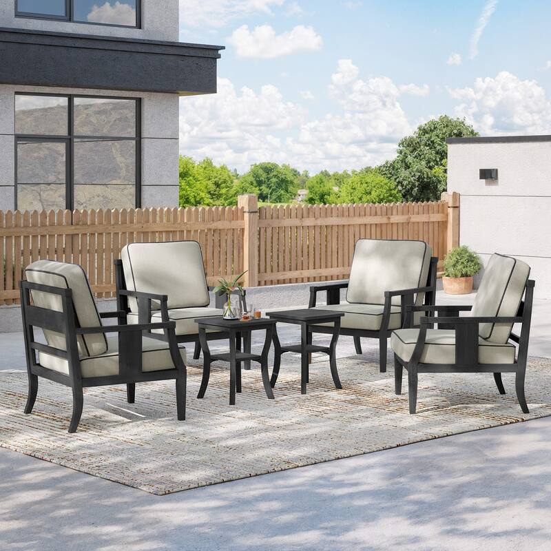 6-piece Outdoor Teak Seating Set Club Chairs with Cushions - Blackframe-Light Camel - Black Frame