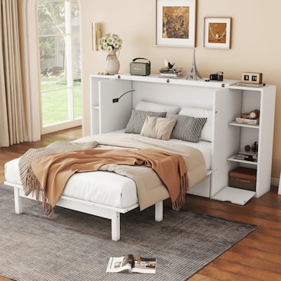 Murphy Bed Full Size Cabinet Wall Bed with Shelves, 2 Drawers and USB Ports, Wood Storage Platform Bed Frame Slat Support