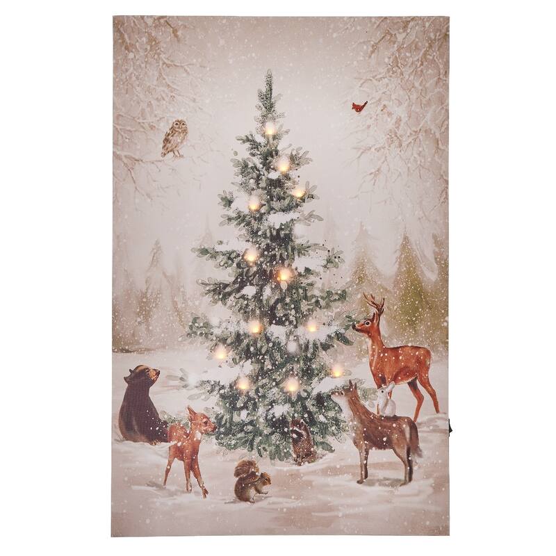 LED Lighted Animals and Christmas Tree Canvas Wall Art with Timer 16" x 24"