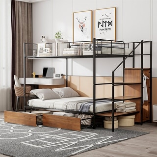 Twin Over Full Size Bunk Bed with 2 Storage Drawers and Wire Shelving, Metal Bunk Bedframe w/ Lateral Storage Ladder & Wardrobe