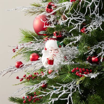 Santa with Hot Cocoa Glass Christmas Ornaments - 5" - White and Red - 6ct