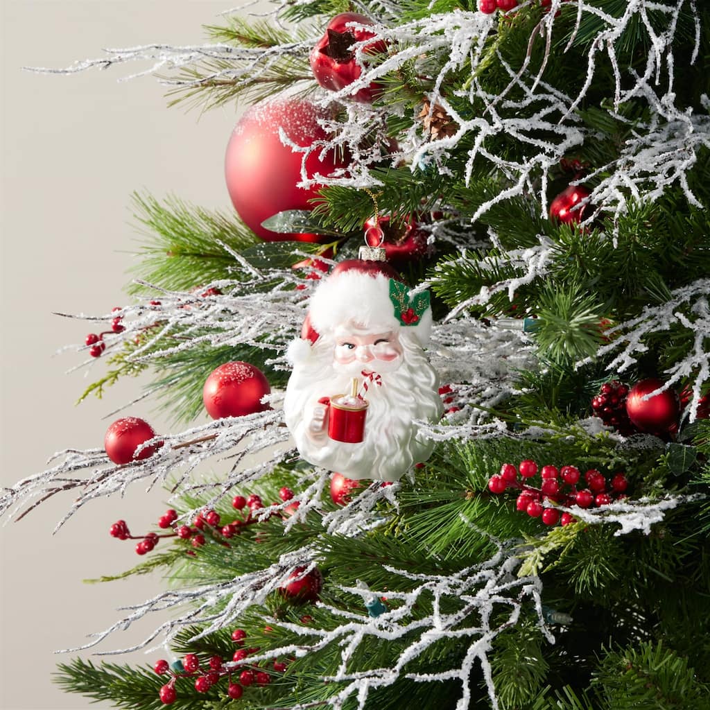 Santa with Hot Cocoa Glass Christmas Ornaments - 5" - White and Red - 6ct