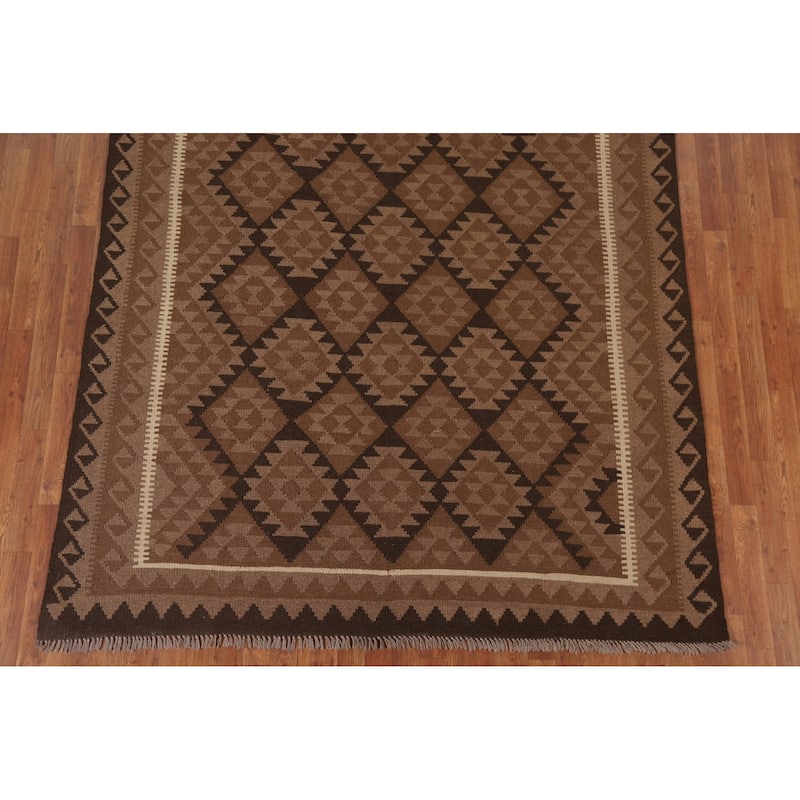 Hand Woven Oriental 100% Wool Carpet Southwestern Geometric Brown Kilim Area Rug - 10' 0'' X 6' 8''