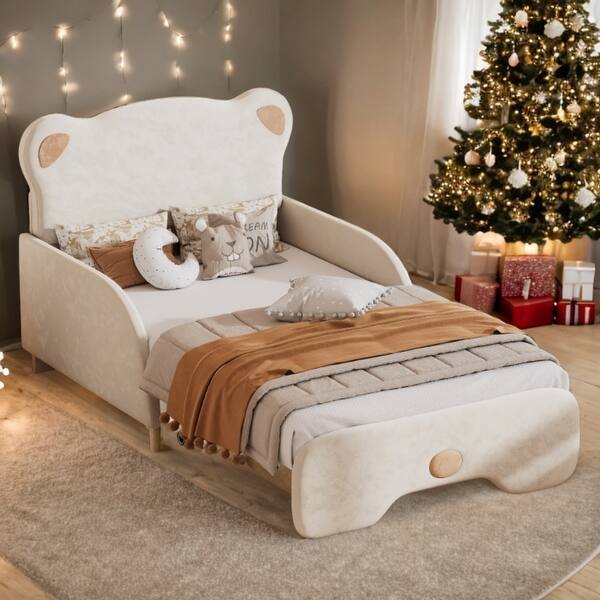 slide 2 of 12, Twin XL Size Stretchable Vaulted Sofa Bed Daybed with Bear-Shaped Headboard Beige