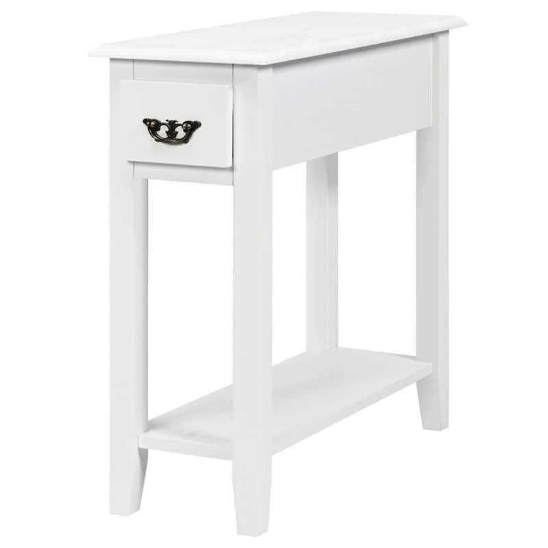 Space-Saving 2 Tier End Table with Drawer and Shelf for Living Room - White