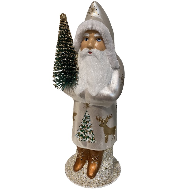 11” Paper Mache Silver Santa with Gold Reindeer Detail Christmas Candy Container