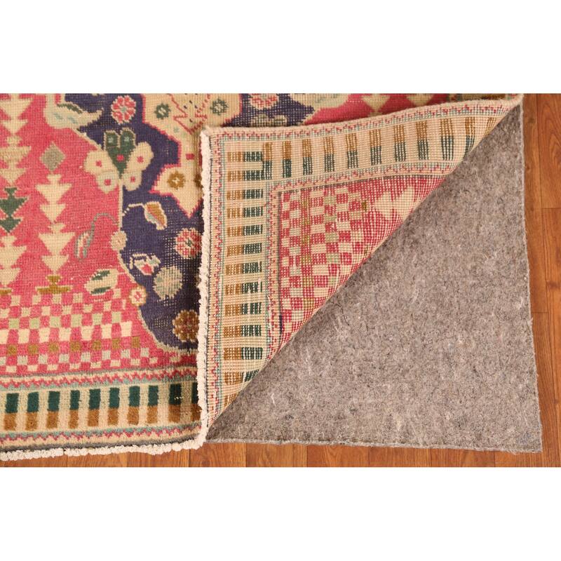 Hand Knotted Oriental 100% Wool Carpet Traditional Geometric Pink Tabriz Runner Rug - 9' 7'' X 3' 3''