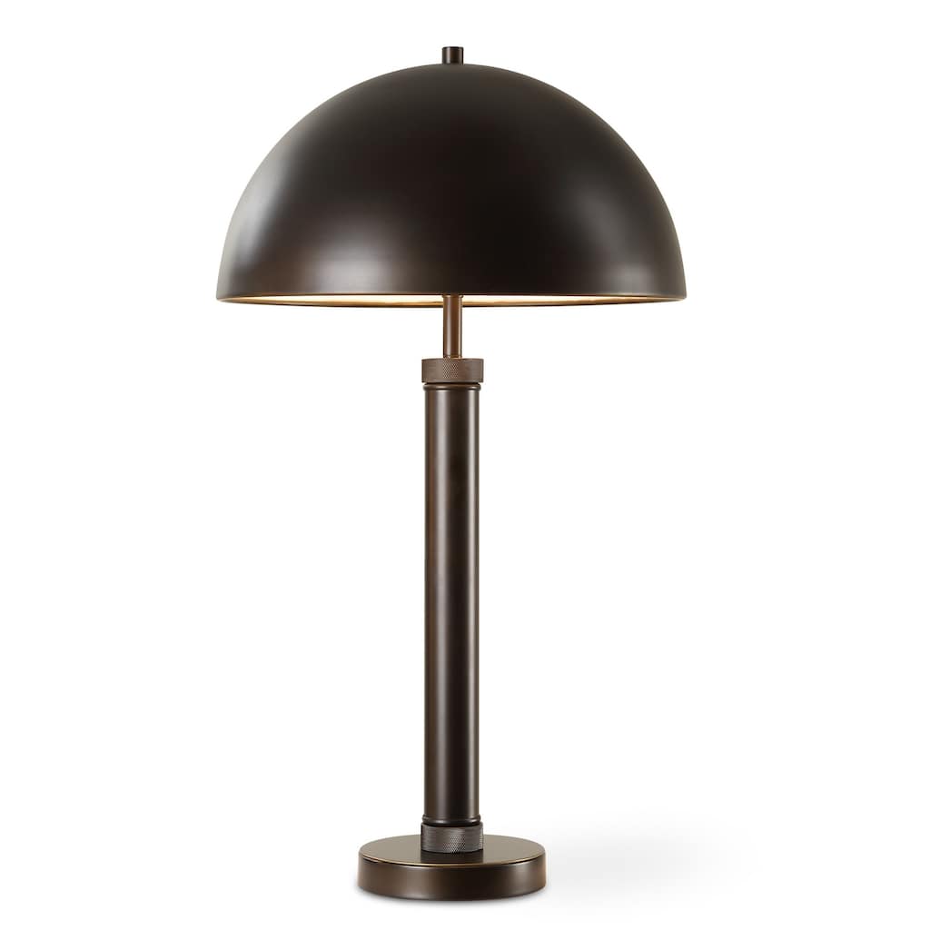 Modern Accent Table Lamp, Dome Shade, Gold Edge, Black Metal Round Base