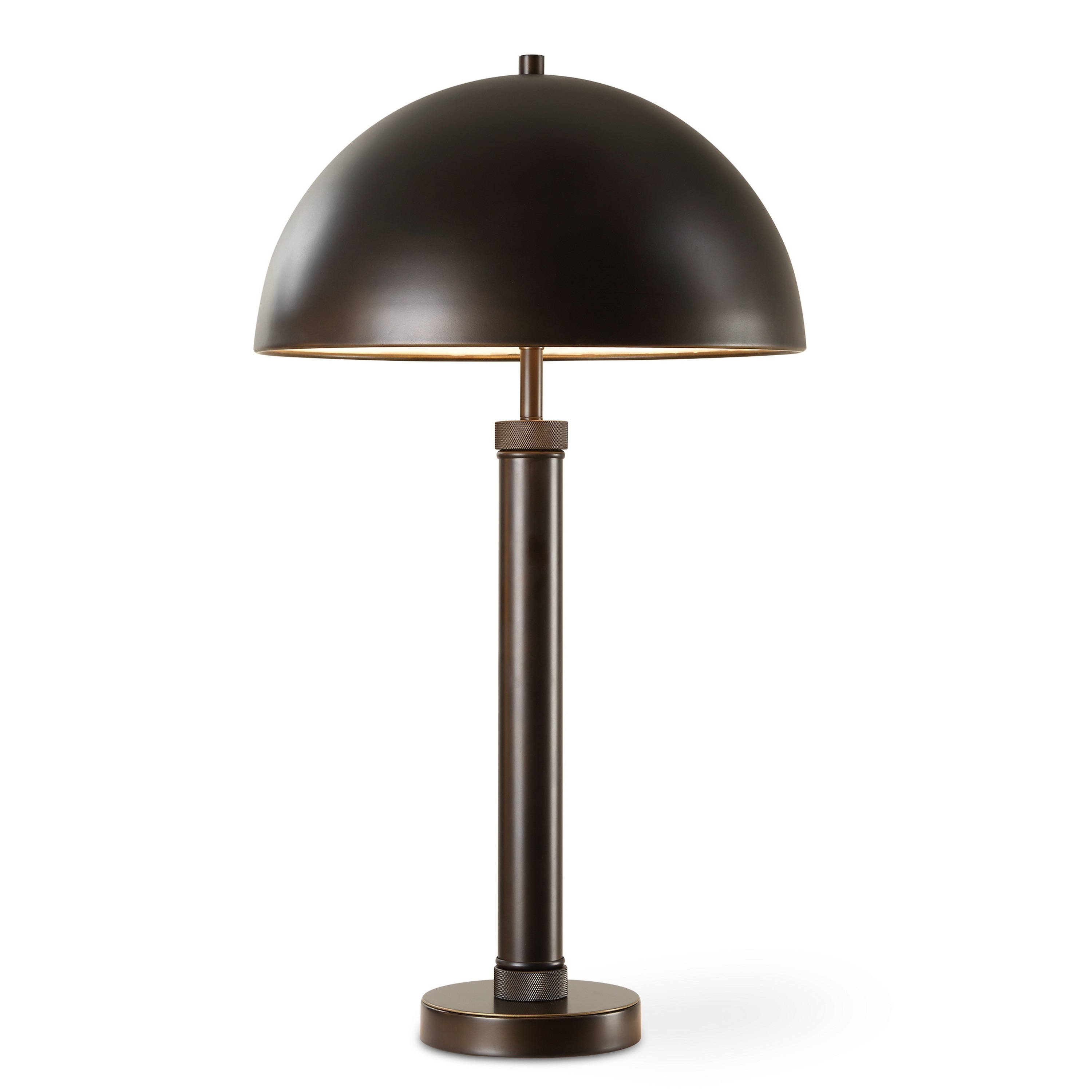 Modern Accent Table Lamp, Dome Shade, Gold Edge, Black Metal Round Base