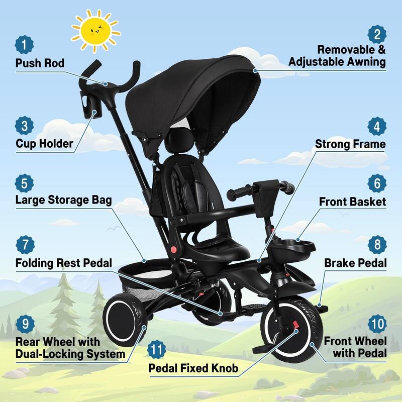 Baby Tricycle, 7 in 1 Folding Toddler Bike w/Removable Adjustable Push Handle