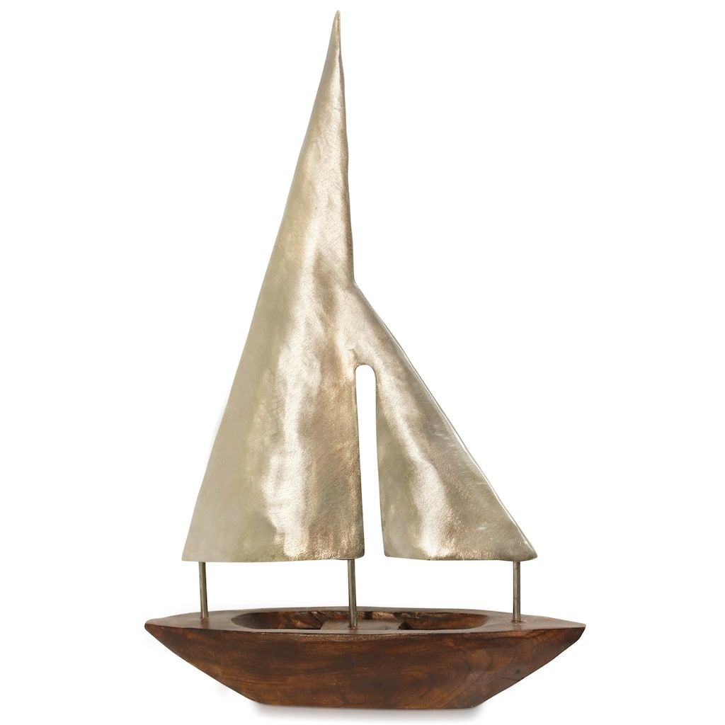 Large Pewter Sails - Natural Stained Wood Base Boat Sculpture with Pewter Metal Sails