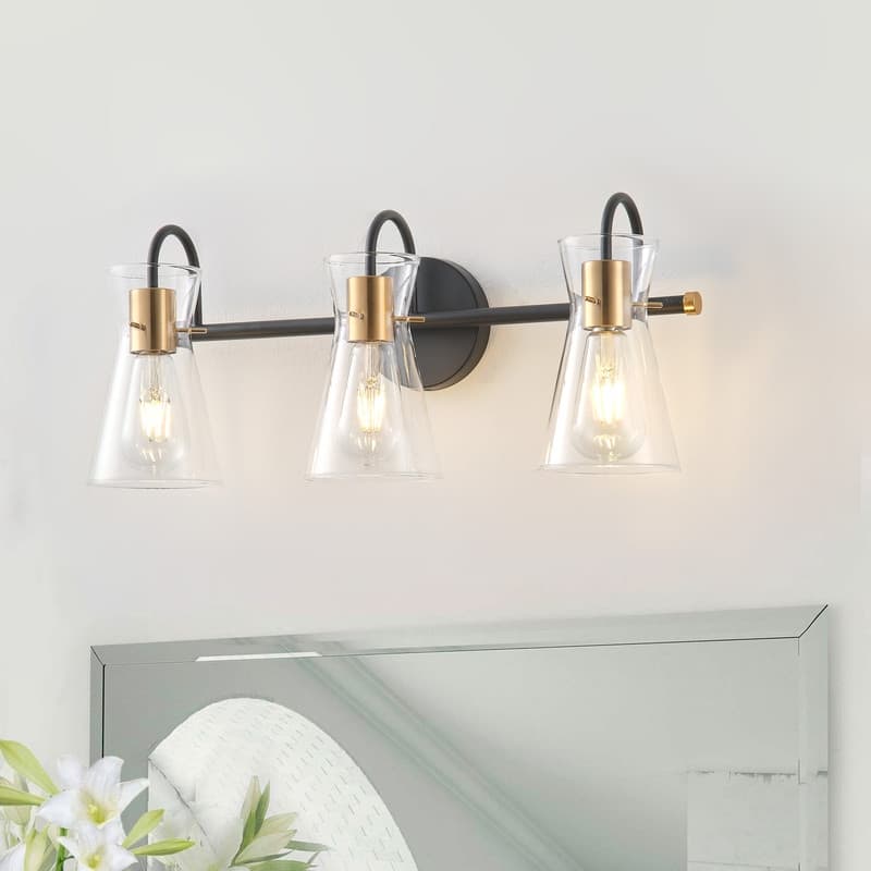 3-Light Modern Black and Gold Vanity Light with Clear Glass Shades, Bathroom or Makeup Mirror Wall Sconce