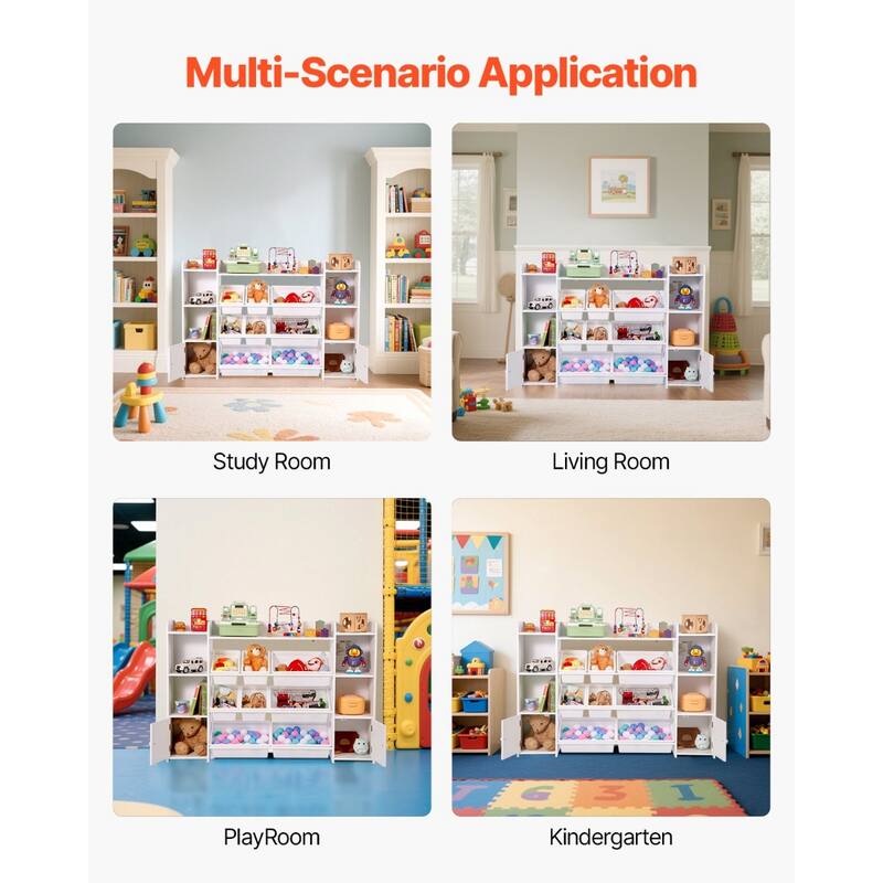 White MDF Kids Toy Organizer with Bookshelves, Bins and Storage Cabinets