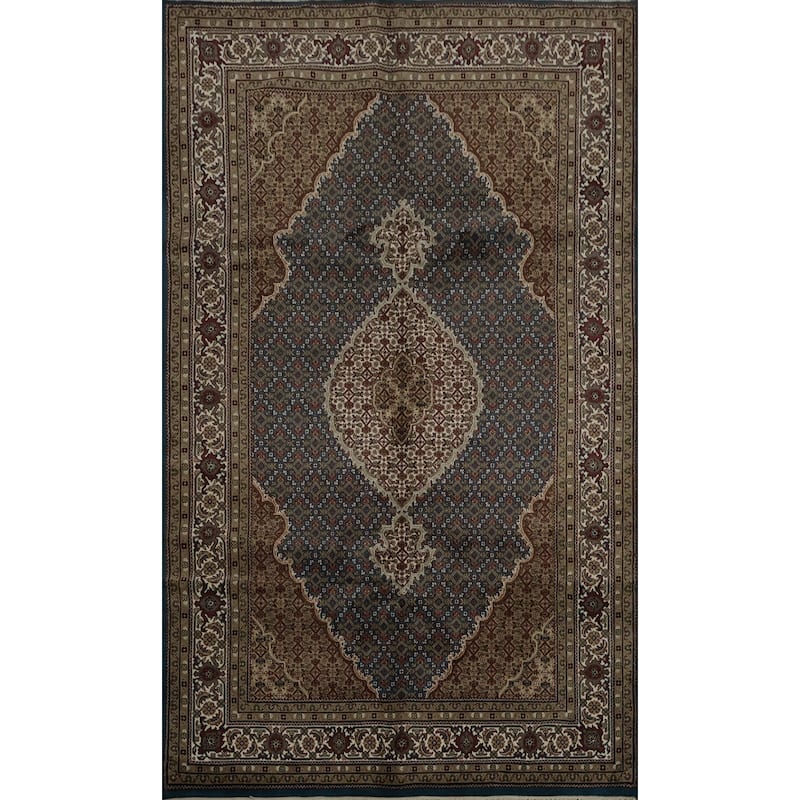 Hand Knotted Oriental 100% Wool Carpet Traditional Floral Navy Blue & Blues Tabriz Area Rug - 9' 4'' X 6' 0''