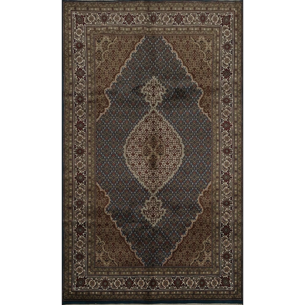 Hand Knotted Oriental 100% Wool Carpet Traditional Floral Navy Blue & Blues Tabriz Area Rug - 9' 4'' X 6' 0''