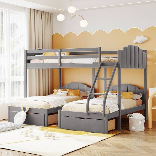 slide 2 of 13, Full Over Twin & Twin Triple Bunk Bed with Drawers, Velvet Upholstery, and Guardrails in Gray Grey