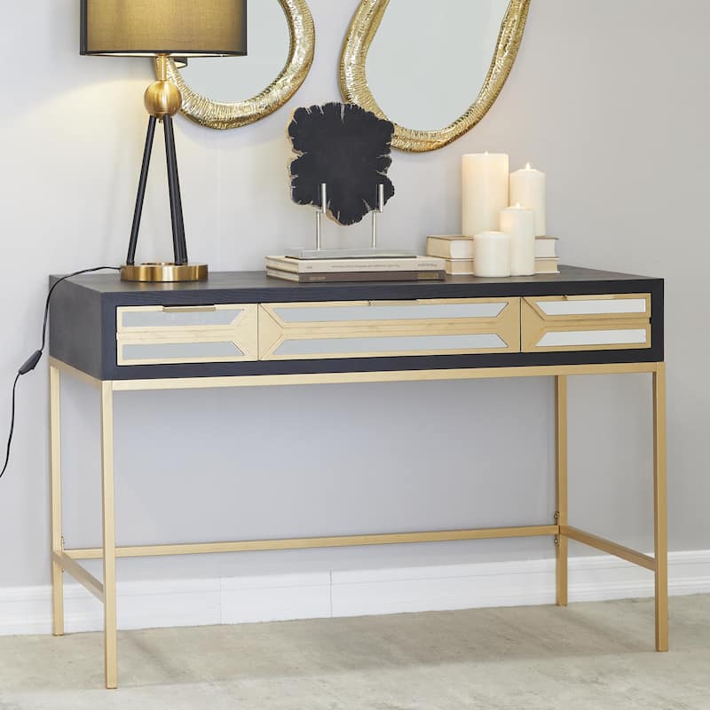 Wooden 3 Drawers Desk with Mirrored Front and Outlet - Black - Roche River Decor