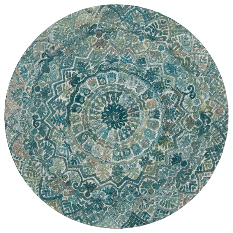 SAFAVIEH Handmade Marquee Genta Modern Medallion Wool Rug - 6' Round - Aqua/Green - Round