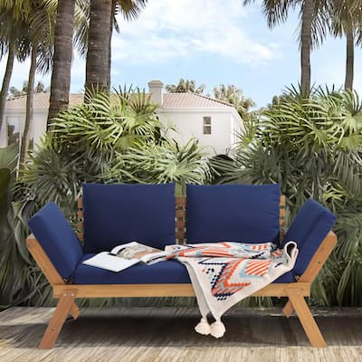 78" Outdoor Acacia Wood Expandable Daybed with Cushions Patio benches and Pool loungers