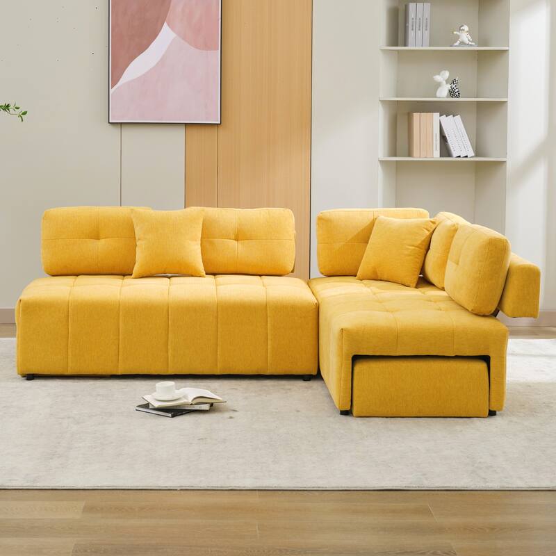 91.73" L-Shaped 4 Seater Sectional Sofa with 2 Hidden Stools, 2 Removable Lumbar Pillows, and Durable Chenille Upholstery