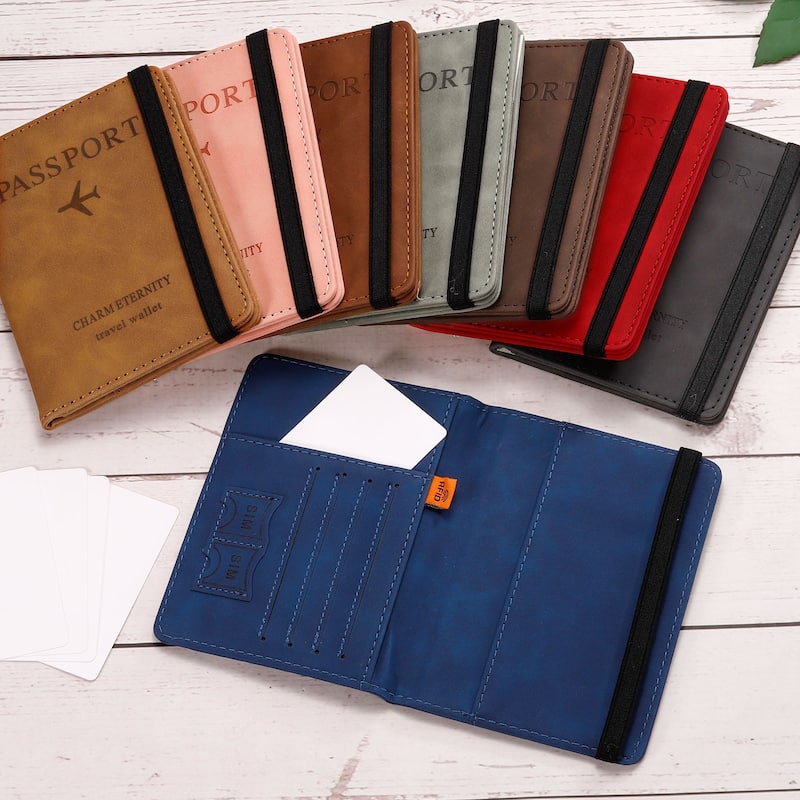 PU Passport Holder Cover with Strap, RFID Blocking Travel Wallet - 15x11cm