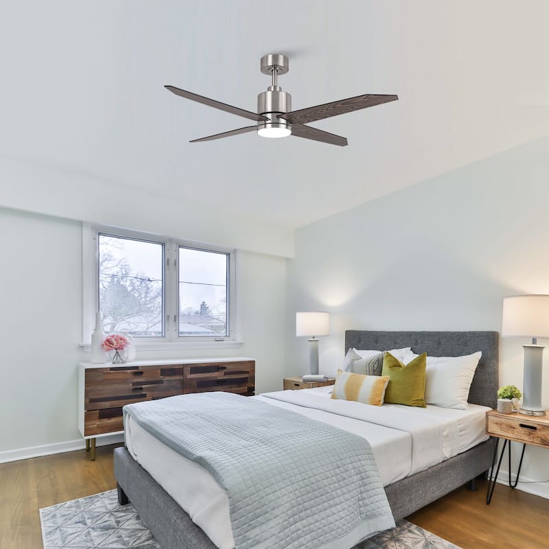 52" Modern Wooden 4-blade Brushed Nickel Ceiling Fan with Light and Remote