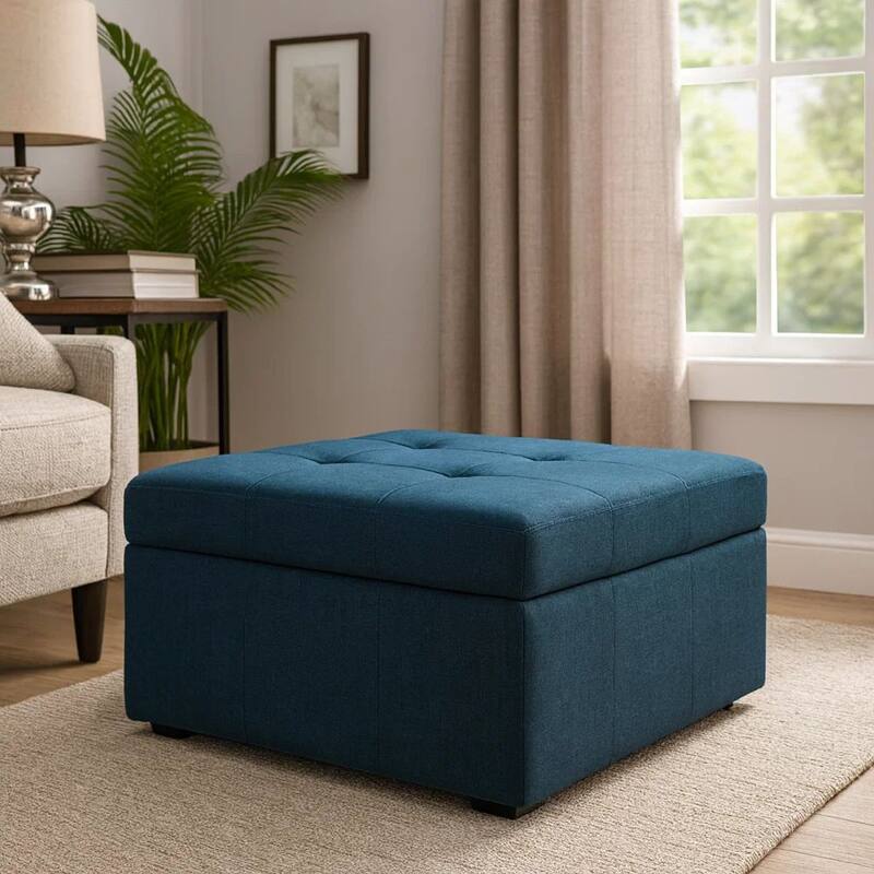 Low Accent Ottoman with Storage, 31 Inch Square, Tufted Navy Blue