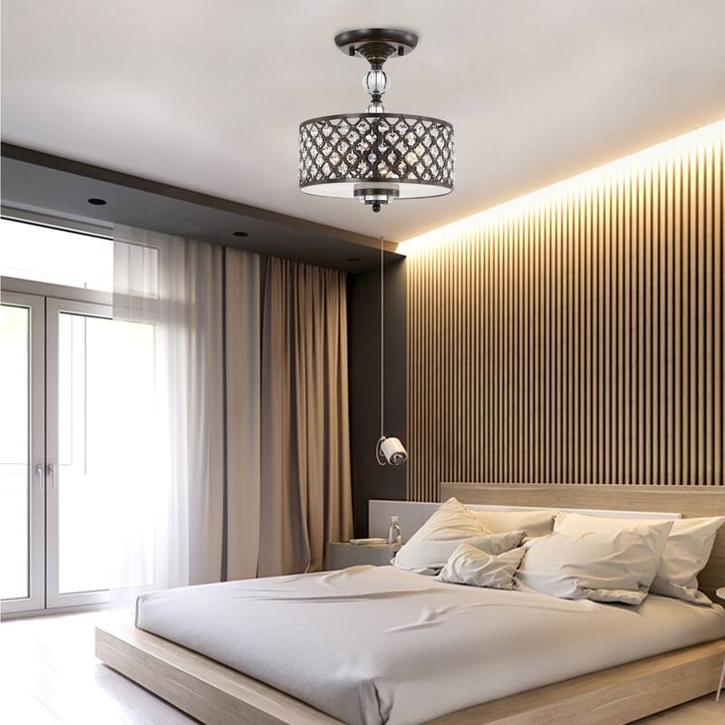 Crystal Flush Mount Chandelier 3-Light Oil Rubbed Bronze Ceiling Light