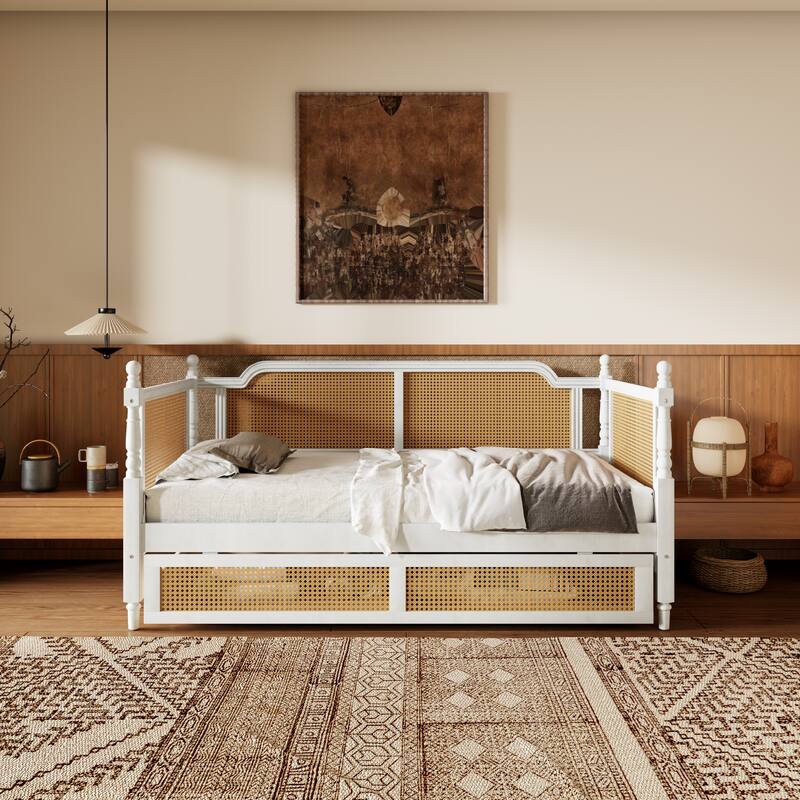 Rattan Daybed with Drawers/Twin Size Trundle, Bed Frame with Footboard